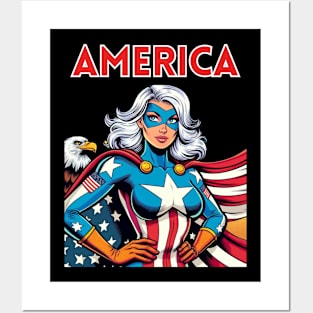 America Patriotic Female USA Superhero July 4th Posters and Art